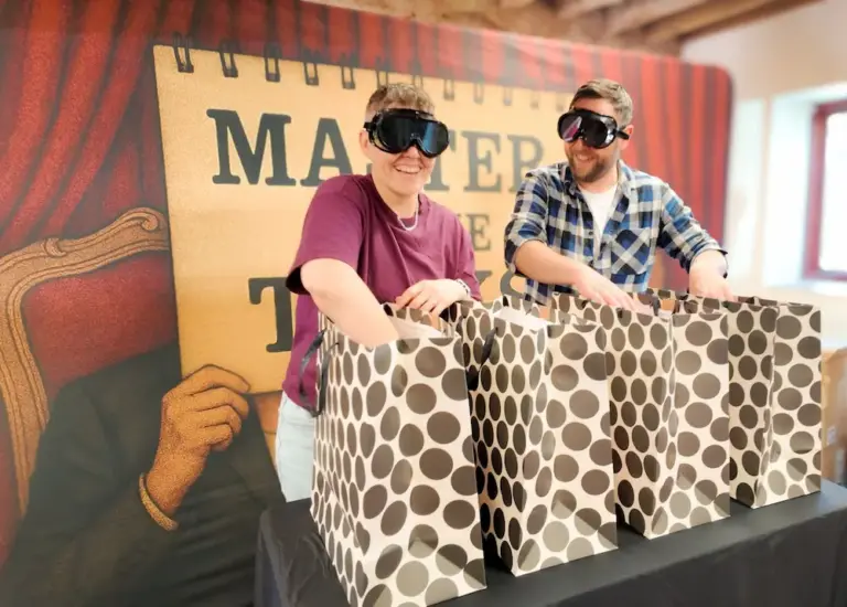 Master of the tasks game people wearing blindfold goggles