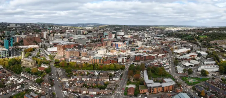 Aerial view of Sheffield city centre in South Yorkshire
